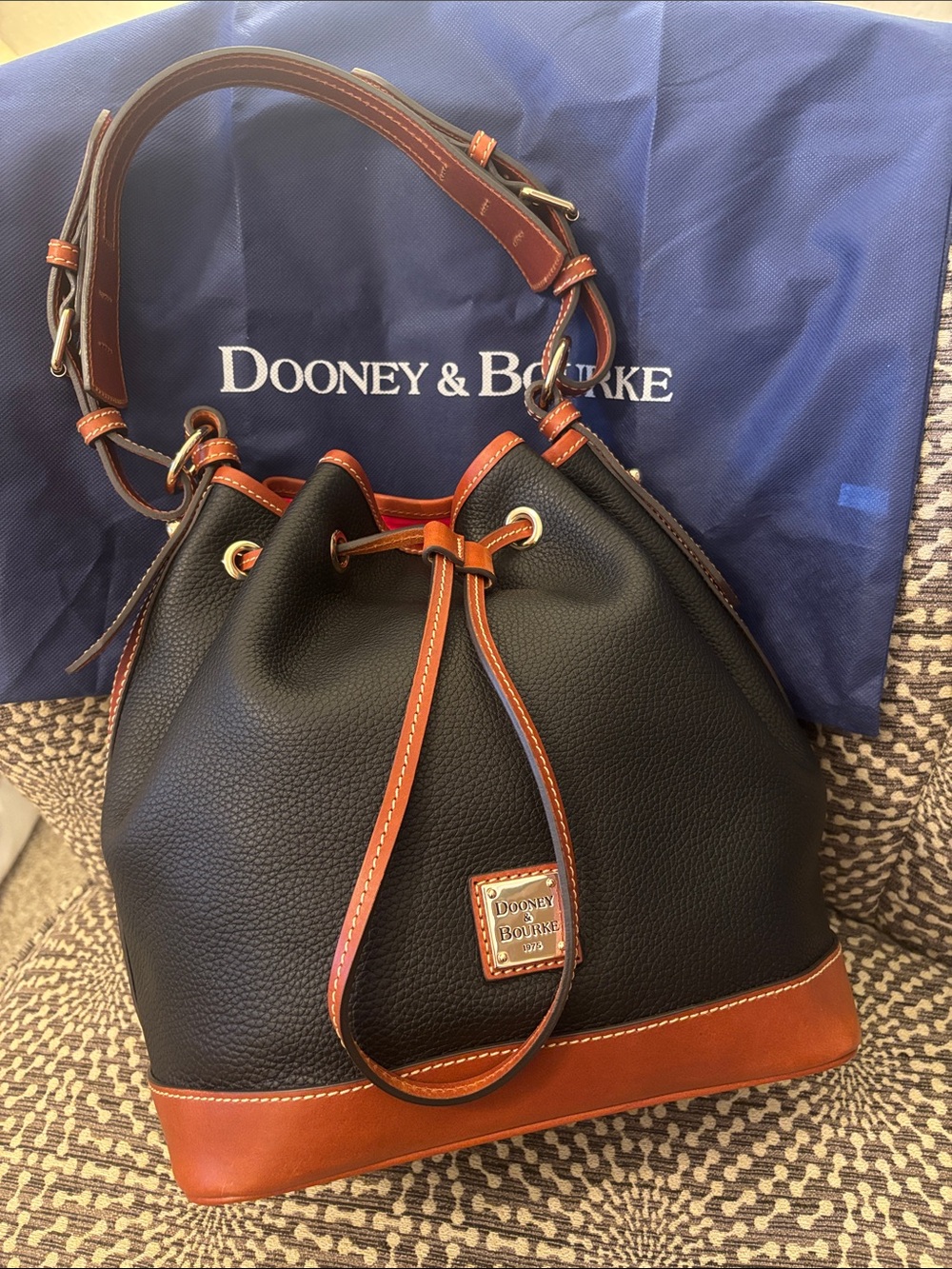 Dooney & Bourke Black Pebbled Leather Bucket Drawstring Tote Shoulder Bag